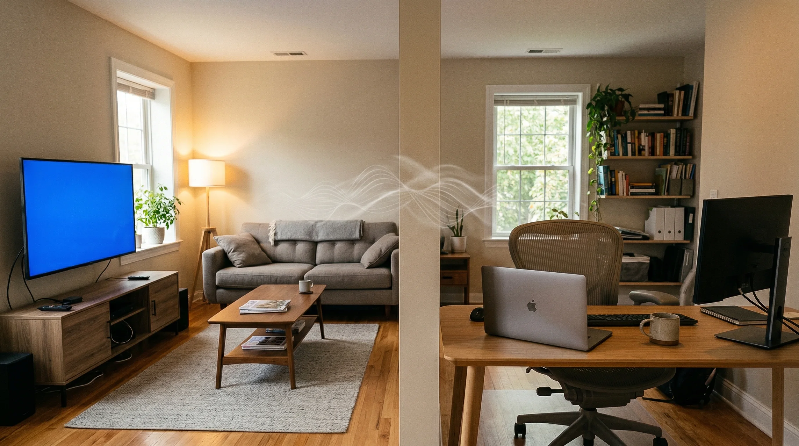 Split view of two rooms with sound waves passing through shared wall